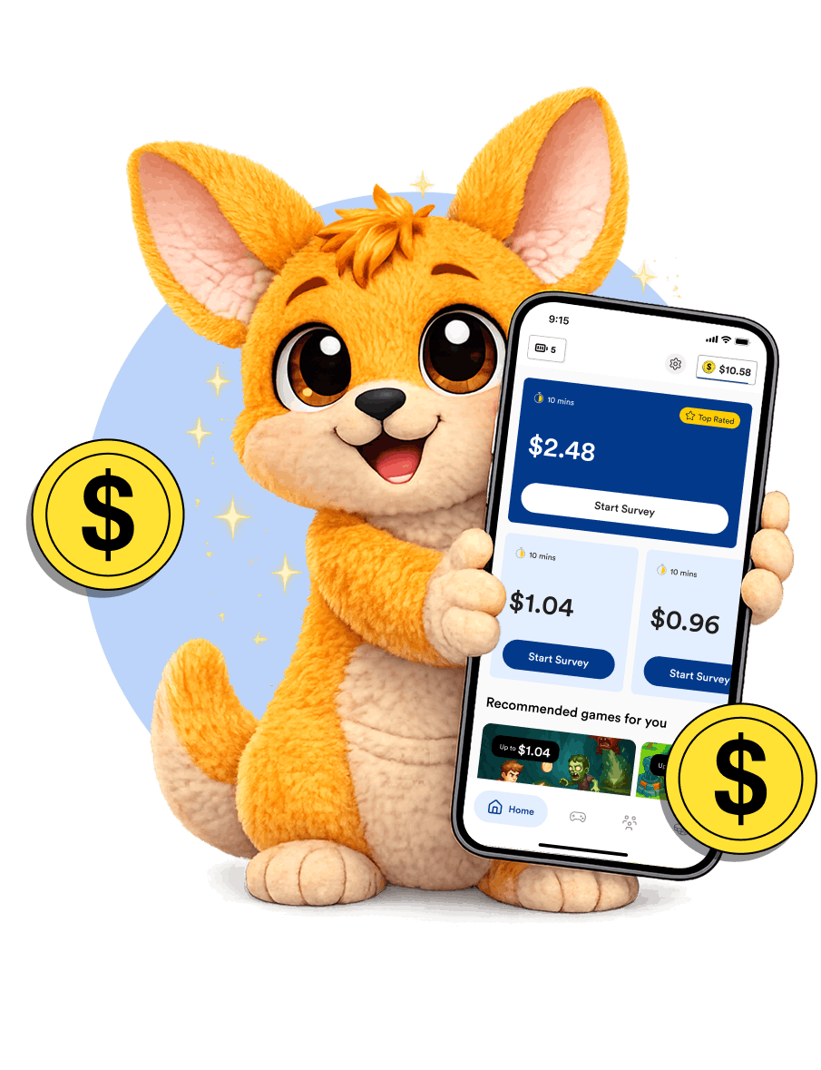 RewardRoo mobile app interface showing survey questions and earning rewards